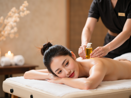 现代简约风格室内环境，一名穿着专业按摩服装的女性技师正在为顾客提供肩颈按摩服务，房间光线柔和温馨，体现了专业舒适的按摩氛围
