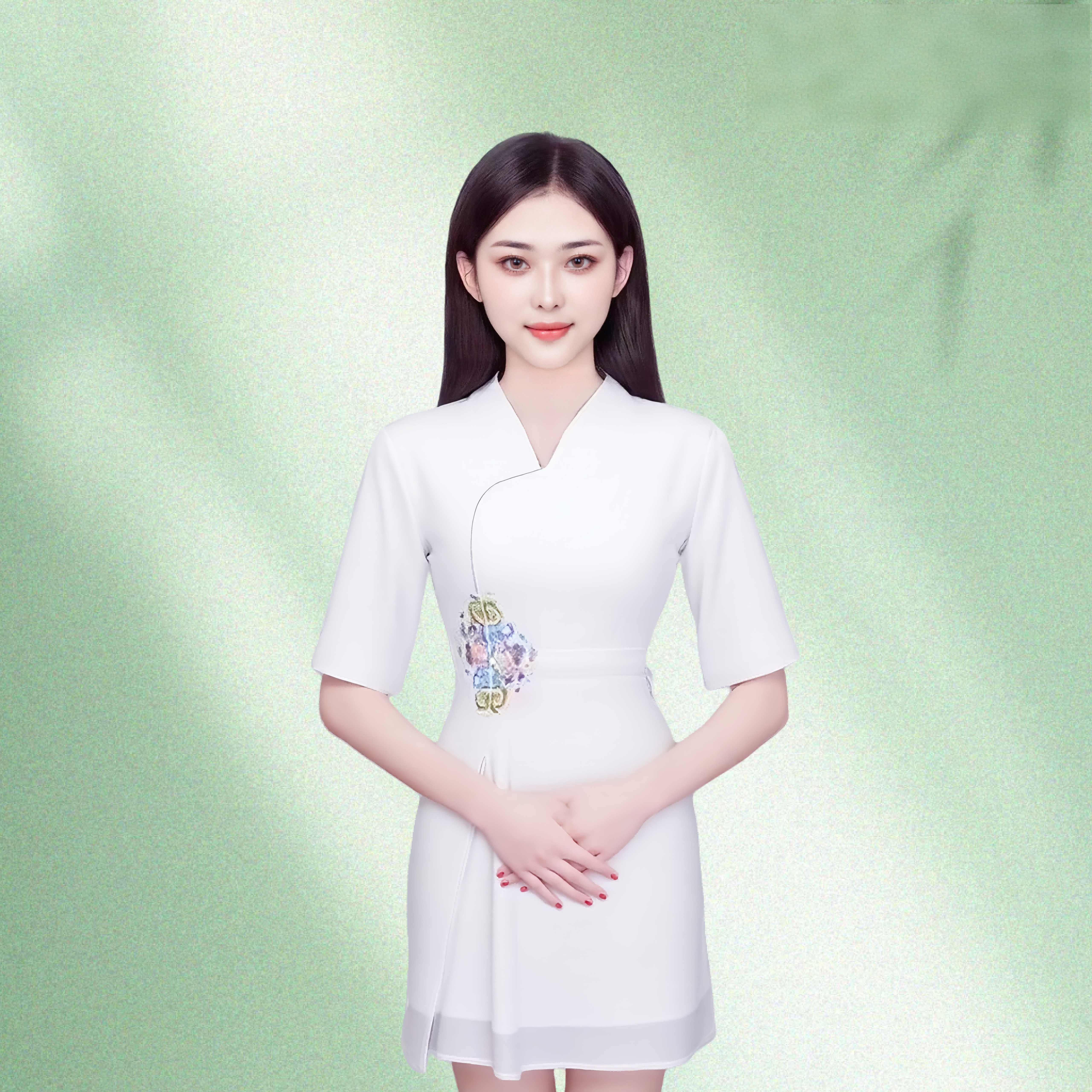 三十岁左右女性技师头像，穿着专业按摩服装，面带微笑，背景为浅色，体现专业亲和的形象